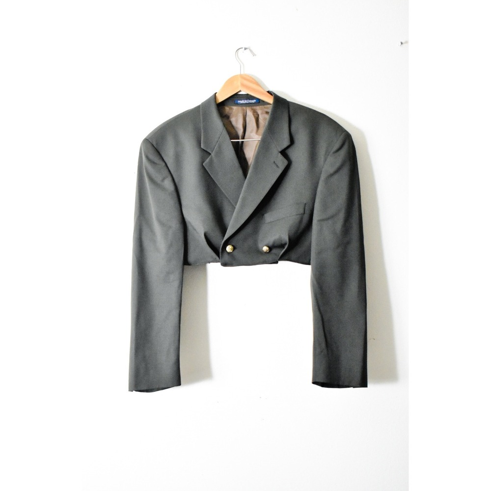 Brandini Cropped Blazer Women XL Charcoal Sage 90s Double Breasted Gold Buttons